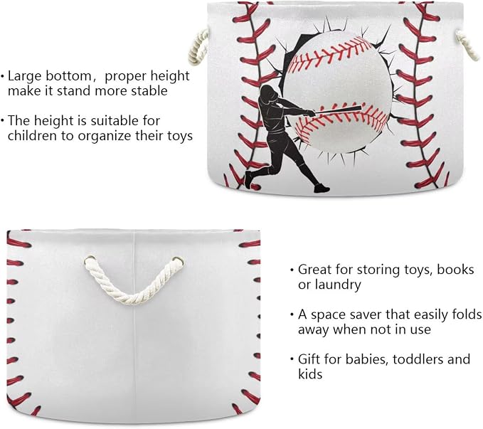 Baseball Pattern Collapsible Round Storage Basket with Handles | Sport Ball Large Laundry Baskets Hamper, Organizer Bin for Nursery Bedroom Living Room Decor, 20x 20x 14 Inches
