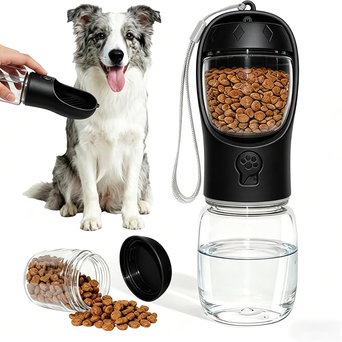 Portable Dog Water Bottle with Food Container, Drinking Bottle for Travel | 2 in 1 Dog Water Bowl, Leak Proof Pet Water Dispenser, BPA Free, Puppy Essentials, for Walking Hiking (Black,12oz)