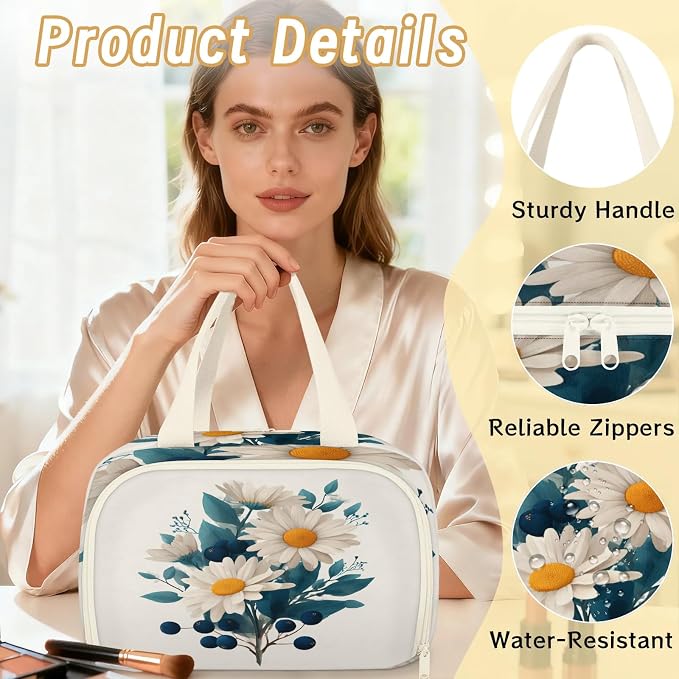 Daisy Flower Travel Toiletry Bag for Women | Vintage Lightweight Waterproof Makeup Cosmetic Bag Large Tote Organizer for Traveling, Toiletries, Accessories
