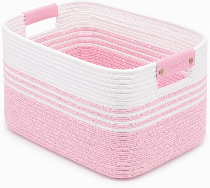 15.4GAL Rope Laundry Basket for Dorm, Cute Boho Square Woven Basket for Living Room Throws Pillow Blanket Storage, Short Dirty Clothes Hamper for Baby Girls Boys Toys Stuffed Animal Towel White Pink