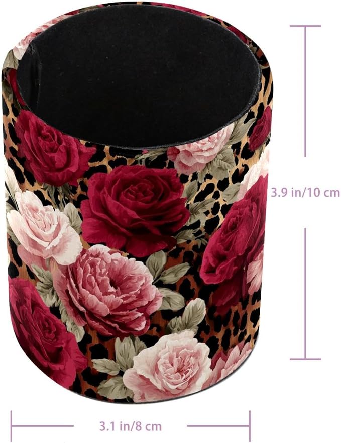Faux Leather Pen Holder for Desk, Pencil Organizer Leopard Print and Roses Pen Cup Desk Decor Makeup Brush Holder Storage for Office Home