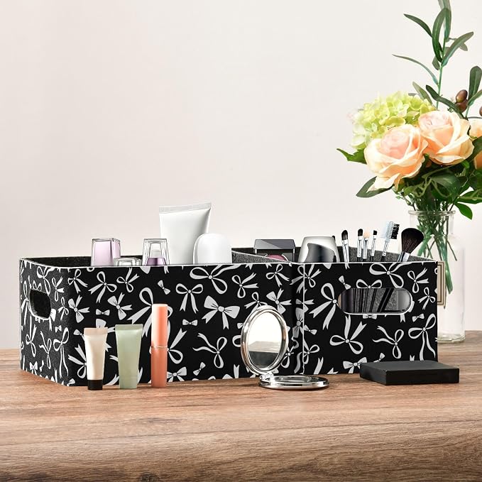 Emelivor Black White Bow Storage Basket Bins Set (2pcs) Felt Foldable Storage Bins with Dual Handles Dog Basket for Pet Books Clothes Closet Cabinet Organise