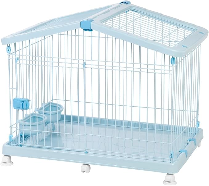 IRIS USA, Inc. Wire Pet Crate Portable with Top Access and Wheels, Easy Assembly Movable Small Pet Crate with Food and Water Dishes for Cats Puppy Small Animals, Blue