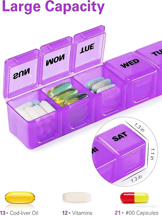BUG HULL Weekly Pill Organizer Large 2 Packs, Extra Large Travel Pill Organizers, Pill Box 7 Day, Travel Pill Case, Medicine Pill Organizer for Vitamins, Supplements and Medication (White+Purple)