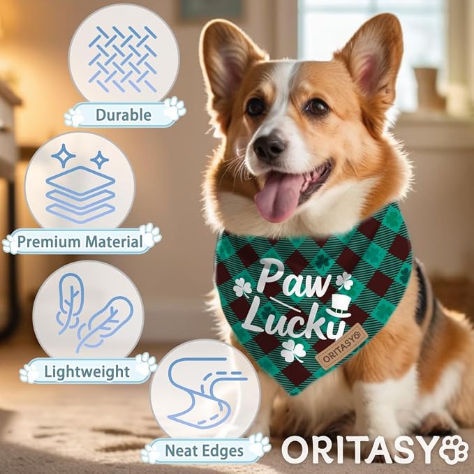 St. Patrick's Day Dog Bandanas, 2-Pack Triangle Reversible Gnomes Pet Scarves, Premium Fabric, Bandana for All Boys Girls Dogs (Paw Lucky, One Size)