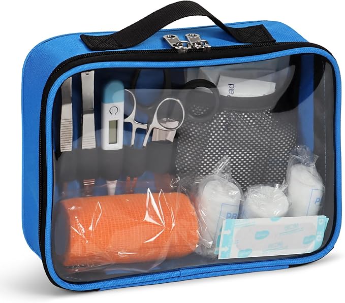 Empty First Aid Bag Clear PVC Waterproof Organizer Pouch Zipper Colored First Aid Kit for EMT Outdoor Travel (Blue)