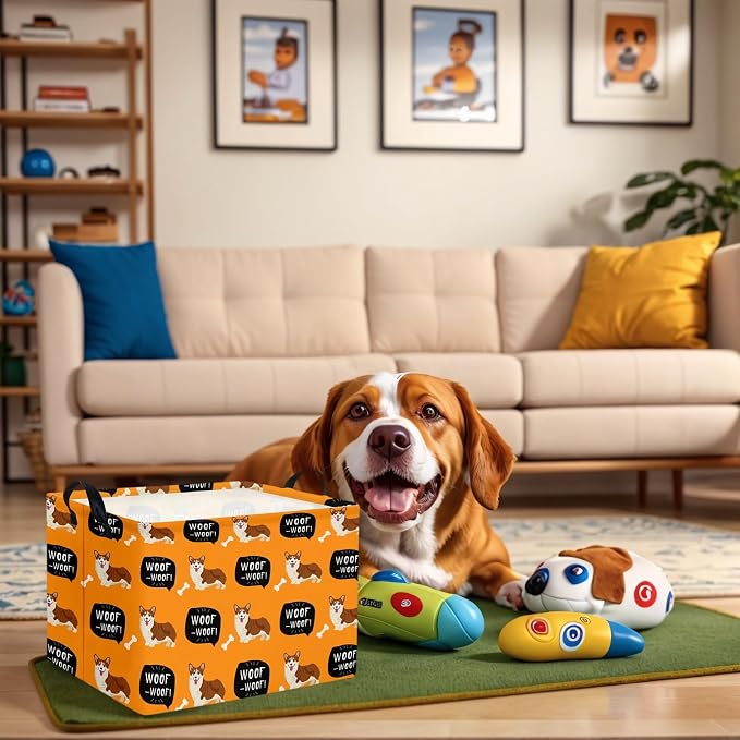 Woof Dog Basket Storage Bin, Orange | For Chew Toys, Pet Supplies Organizer, Pet Organizer, Dog Room Decor