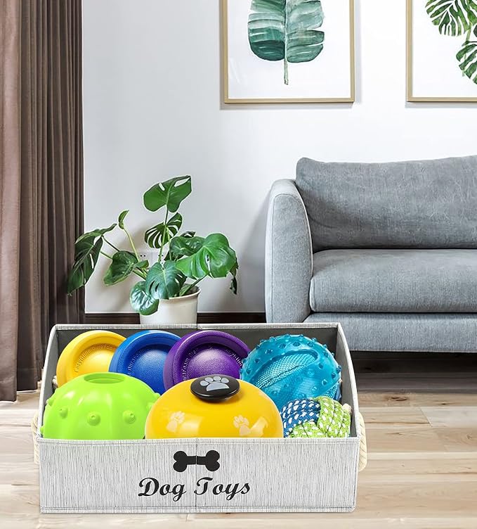 Morezi Large Dog Toy Bin Puppy Shallow Toy Basket Dog Toy Storage Perfect for Living Room Playroom Closet Home Organization - Grey Canvas