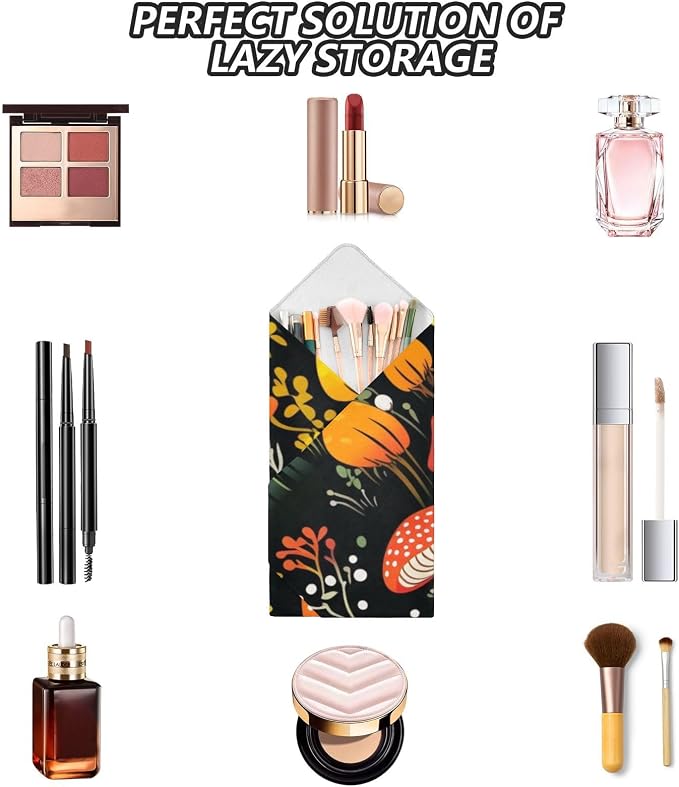 JIPONI Mushroom Fall Makeup Bag, Self-Adhesive Magic Wrap Cloth, Portable Cosmetic Organizer, Camera Lens Protector, Travel Storage for Beauty Essentials, 21.7"x21.7"
