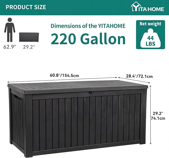 YITAHOME 220 Gallon XL Deck Box Large Outdoor Storage w/Divider for Patio | Outdoor Cushions, Garden Tools, Sports Equipment and Pool Supplies, Waterproof, Resin, Lockable, Black