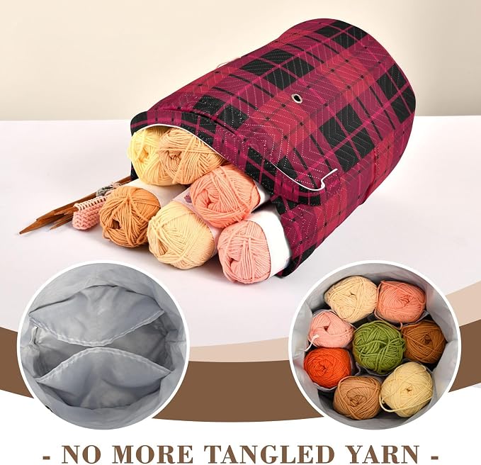 Tatenale Crochet Bag Yarn Bag Knitting Project Bag with Pockets and Handle Portable Yarn Storage Organizer Tangle Free 8.3x11 InchCheckered Red14