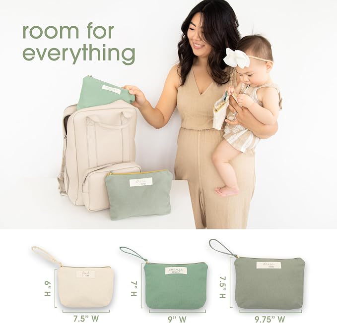 Pearhead Baby Diaper Bag Organizing Zipper Pouches, Set of 3 | Feed Me Change Me Dress Me, Recycled Cotton, Gender-Neutral New Mom Essentials, Zip Bags, Organized in Style