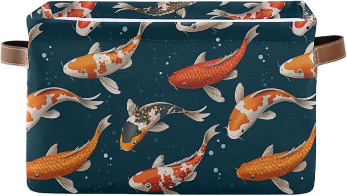 Foldable Storage Baskets, Koi Carps 3D Japanese Storage Bins with Handles, Decorative Cloth Organizer Storage Boxes for Home|Office 15 x 11 x 9.5 in
