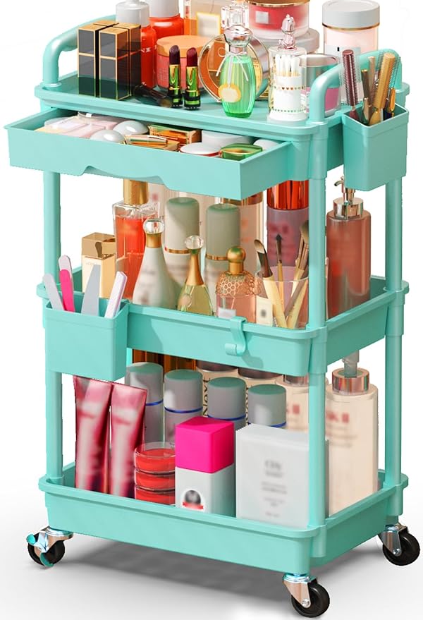 SUNALLY Makeup Cart Organizer with Drawer, 3 Tier Rolling Makeup Cart, Blue | Rolling Vanity Storage for Skin Care Perfume Nail Polish, Floor Skincare Organizers Cosmetics Display Bathroom Storage Cart