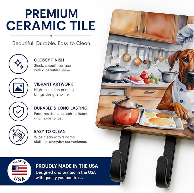 Caroline's Treasures Rhodesian Ridgeback The Chef Leash or Key Holder Wall Hooks, Key Hooks Holder, Coat Rack Wall Mount, Coat Hooks, Hooks for Hanging Keys, Towels, Aprons, Leashes | Rhodesian Ridgeback The Chef artwork on ceramic tile with three stee...