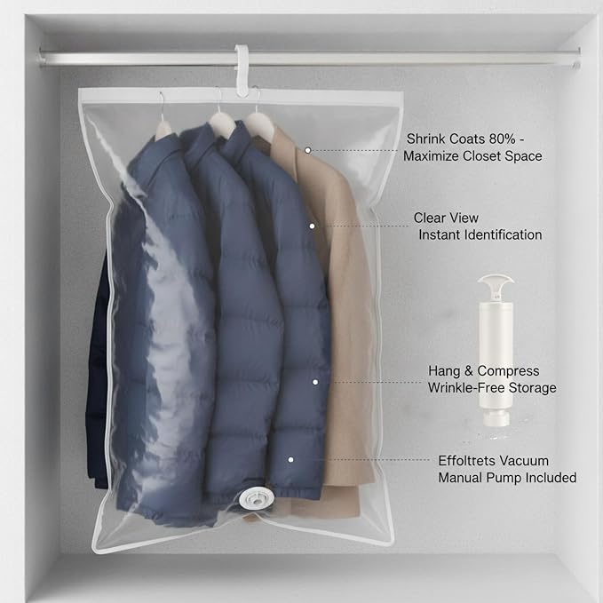 Hanging Vacuum Storage Bag with Hand Pump for Coats & Jackets, Space Saver for Closet Organization
