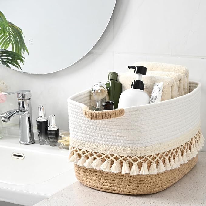 6 Pack Storage Basket for Shelves, Boho Cotton Rope Storage Bins with Heavy Tassel, Shelf Baskets Large Woven Baskets for Organizing, Cube Organizer Bins, Baby Laundry Basket for Clothes, Toys, Pets