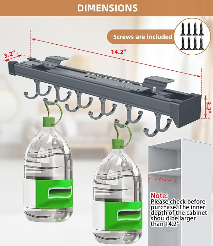 Pull Out Broom Holder With Adjustable Double Row Sliding Hook -Grey 14.17in | High Load Capacity, Multifunctional Slide Broom And Mop Storage/Garage Organization Hooks, for Closet Laundry, kitchens