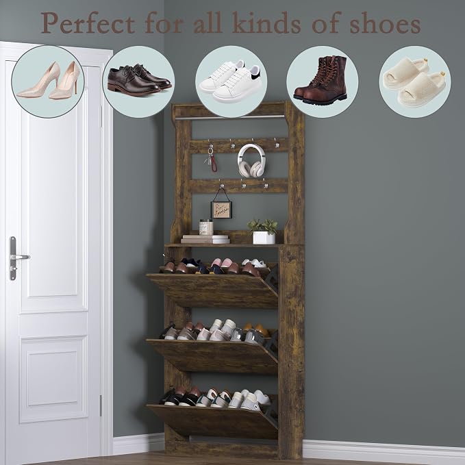 BORNOON Shoe Cabinet with 3 Flip Drawers & Coat Rack, Narrow Hidden Shoe Storage Cabinet, 2-in-1 Hall Tree Slim Freestanding Shoe Rack Organizer for Entryway, Hallway, and Living Room