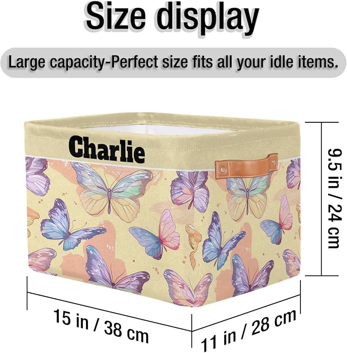 Personalized Storage Bins, Customized Name Storage Basket Rectangle Clothes Organizer for Organizing Kids and Pets Toys Shelf Closet, Watercolor Pink Purple Butterflies Yellow