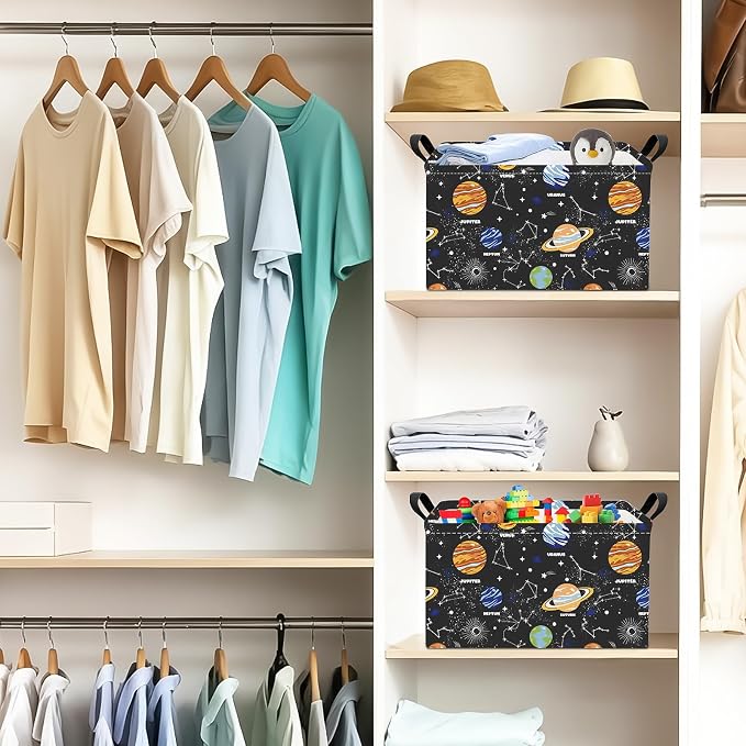 Rectangular Solar System Planet Storage Bin, Closet Organizer Basket | Moisture repellent textile, reinforced carry grips, collapsible holder tidies cabinet and teenage bedroom belongings