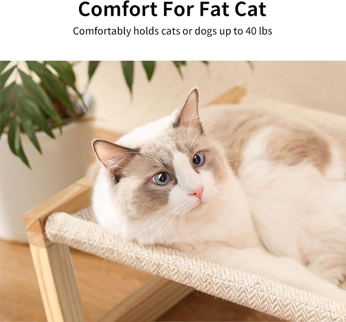FUKUMARU Large Cat Hammock, Raised Dog Bed for Indoor and Outdoor, Washable | 21" Wooden Pet Beds, Breathable Linen Cat Couch, Elevated Pet Sofa for Puppy, Bunny and Small Animal