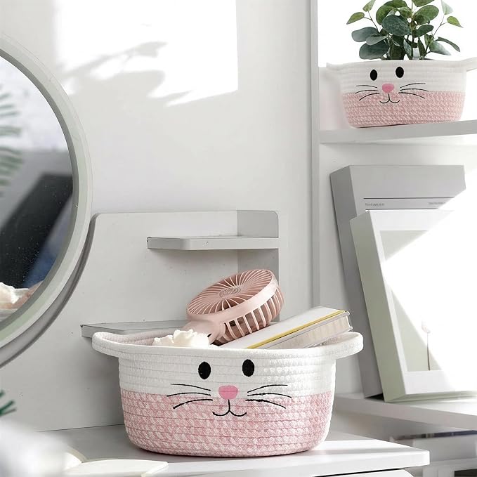 2 Pack Cat Toy Storage Baskets with Cat Design, Woven Cotton Rope Pet Toy Organizer with Handles, Foldable Baskets for Home Decor, Gift Basket for Cat Lovers, White & Pink