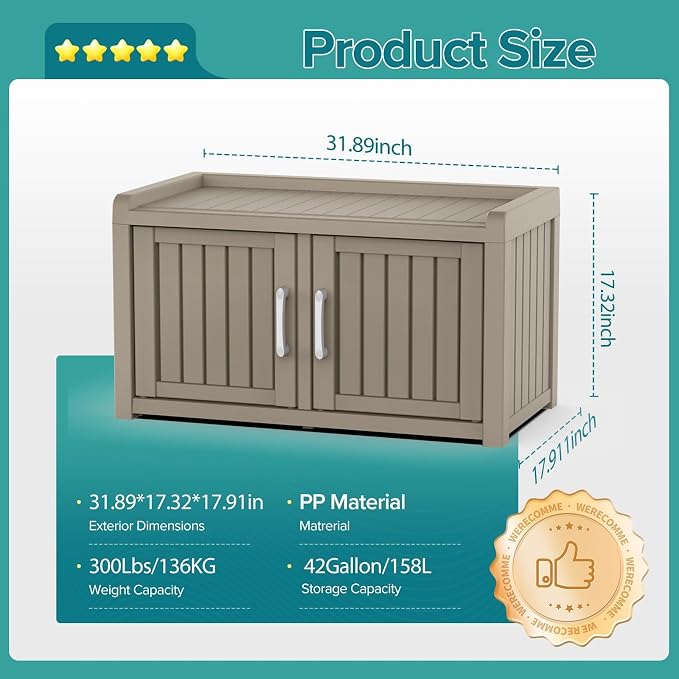 ROJIK Shoe Cabinet Storage Bench Indoor Outdoor, Waterproof UV-Resistant Resin Entryway Furniture with Adjustable Shelves for Hallway, Living Room and Bedroom (Double Door, Classic Grey)