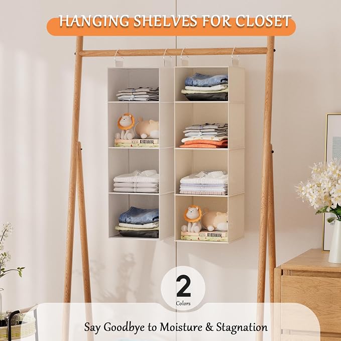 Hanging Closet Organizer with Bamboo Shelves - Foldable Closet Storage for Baby Clothes, Towels, Scarves,Space Saving Shelves Organizer (White)