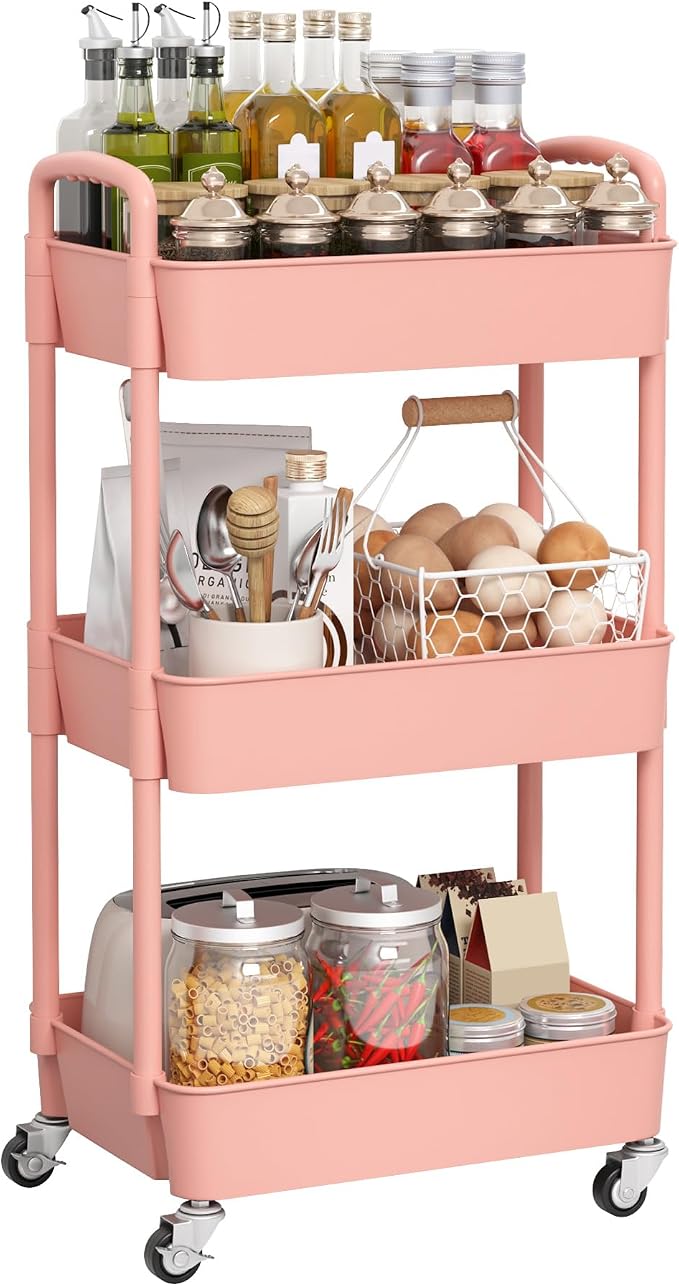 Sywhitta 3-Tier Plastic Rolling Utility Cart with Wheels for Storage, Pink | Multi-Functional Storage Trolley, for Office, Living Room, Kitchen, Bathroom,Movable Organizer,Space-Saving,Easy to assemble
