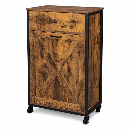 VINGLI 13 Gal Tilt Out Trash Can Cabinet with Drawer & Wheels, Rustic Brown | Wood Hidden Trash Can Kitchen Cabinet with Drawer, Freestanding Pet Proof Storage Organizer, Laundry Basket