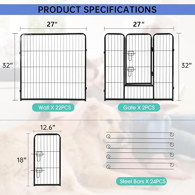 BestPet | Dog Playpen | 32 Inch, 24 Panels | Heavy Duty Metal Pet Exercise Pen | Indoor Outdoor Fence Panels | Rust-Resistant, Removable, Tool-Free Setup | Anti-Skid, Expandable Design