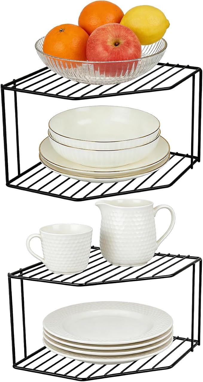 2Pcs 2-Tier Corner Stackable Organizer Shelf - Cabinet Storage Shelf Rack, Shelves，Kitchen Counter and Cabinet Shelf, Storage Rack Organizer for Kitchen (Black)