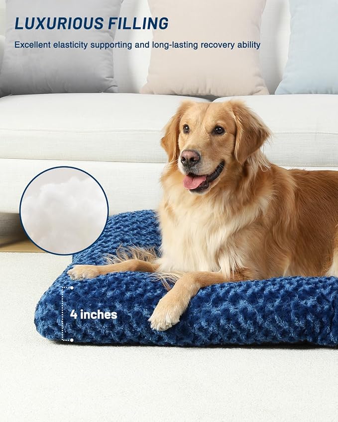 KSIIA Washable Dog Beds Large Sized Dog Crate Bed Plush Mat 41"x27" Blue | Deluxe Plush Comfy Kennel Pad, Anti-Slip Bottom,Deep Sleeping Mat for Large Dogs,Machine Washable for Easy Cleaning