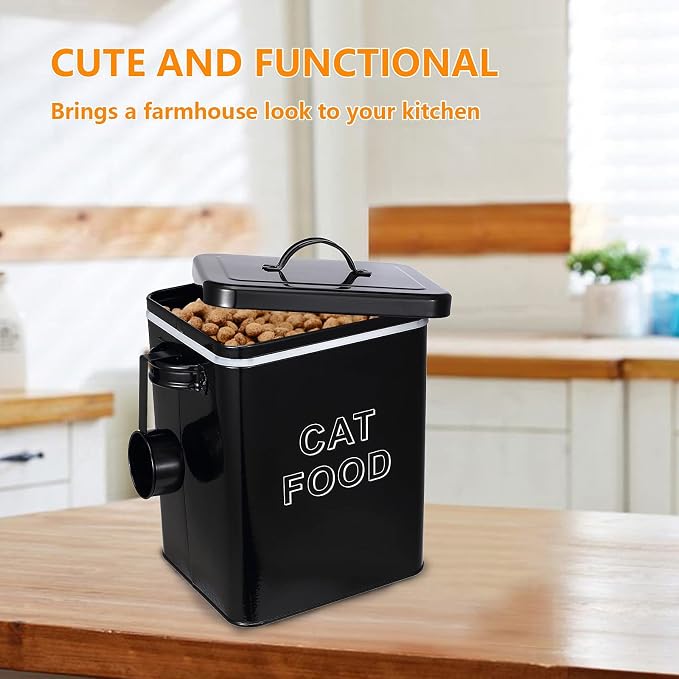 Morezi Metal Cat Food Container with Scoop 5-7 lb, Airtight Pet Food Bin | 25 Cups Cat Kibble Canister with Food Scoop, Sturdy Iron Body, Powder Coated, Airtight Bamboo Lid, Two Side Handle-Black