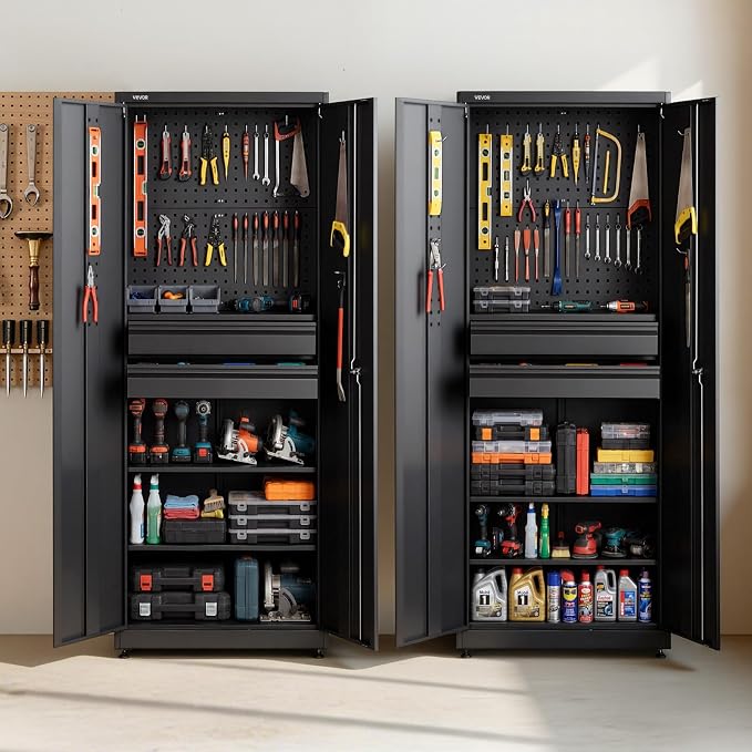 VEVOR Metal Storage Cabinet, 180 lbs Shelf Load Capacity, 70.87" Tall Garage Tool Storage Cabinet with 2 Locking Doors, Adjustable Shelves, 2 Drawers, Pegboard, for Garage, Home, Office, Utility Room
