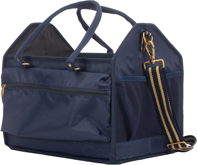 Equinavia Darby Large Collapsible Grooming Tote Bag for Horses, Dogs, Cats | Organizer with Shoulder Strap | 9" x 13" x 12" - Navy/Gold - One Size