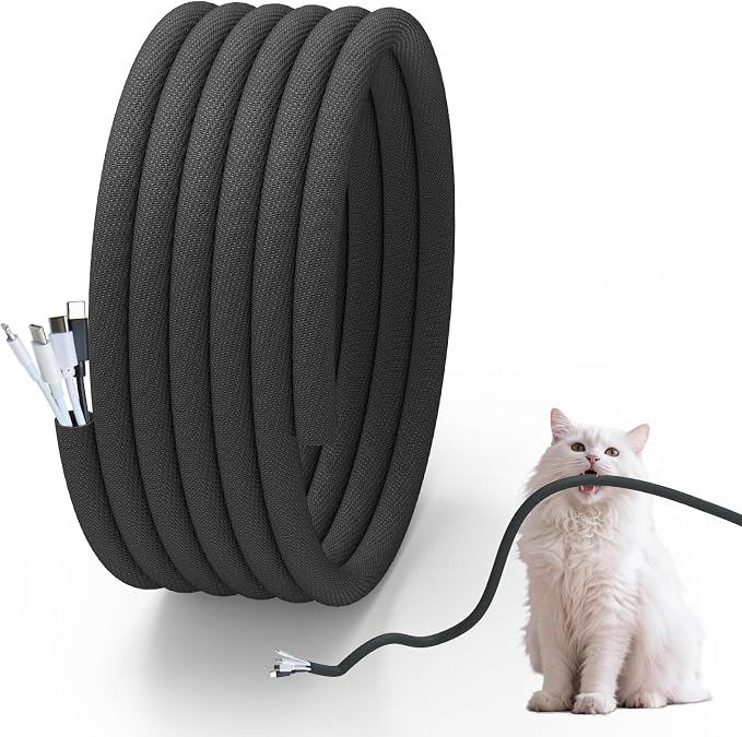 Cord Protector for Pets, Wire Protector 10FT-1/2 inch-Black | No Chew Cord Cover for Pets,Protects Cable and Wire from Pets Chewing,Ideal for USB, Power and Video Cords