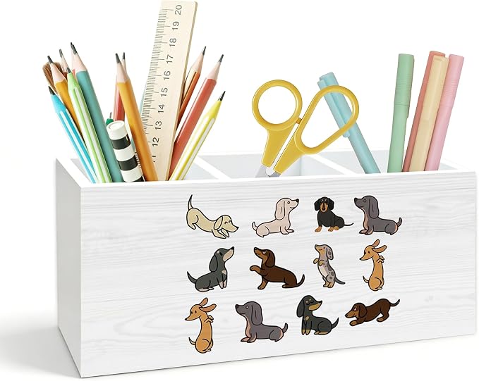 Dachshund Pen Holder for Desk, Weiner Dog Gifts for Women Men, Dachshund Lovers Gifts Wooden Box Pencil Pen Holder Organizer for Home Office Desk Accessories