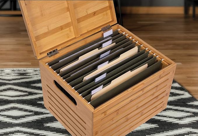 BIRDROCK HOME Rolling File Storage Organizer Box with Lid - Bamboo Decorative Wood Hanging File Box for Letter/Legal Documents, Binders, Blankets - Durable Office Organizer - Natural