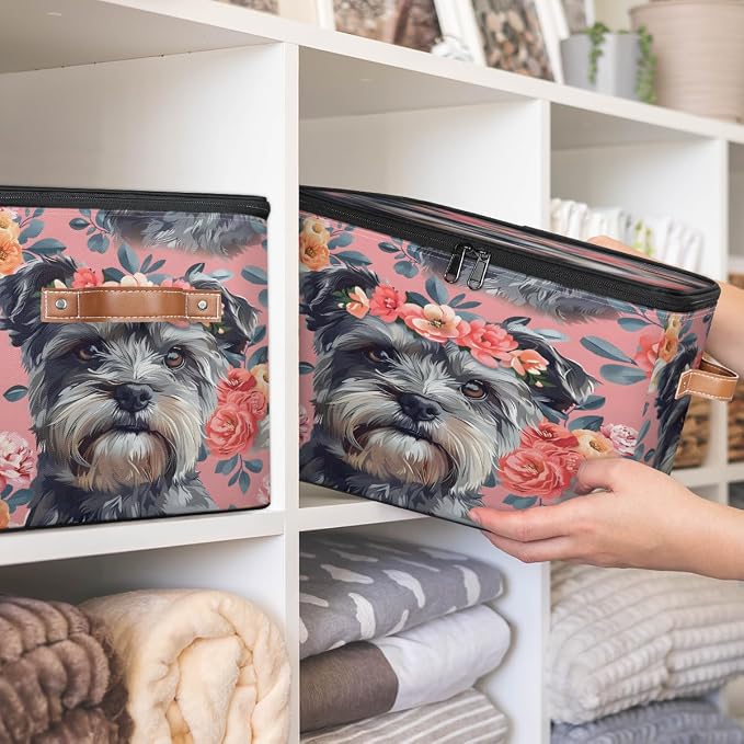 Cute Dogs Floral Storage Box with Zipper Lid