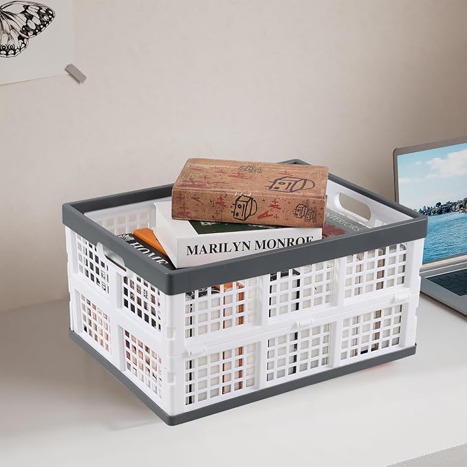 Rosebloom 34 L Plastic Folding Crate, Collapsible Storage Crates, 4 Packs | Stackable Rectangle Flodable Organization Crate Baskets