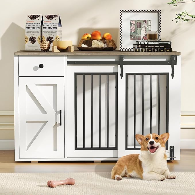 Verano Garden 44" Dog Crate Furniture, Dog Kennel (44" Left Facing Door) | 2-in-1, Lockable, Sliding Door, Removable Divider, Adjustable Shelf, Farmhouse, Heavy Duty, Small Medium Dogs, White