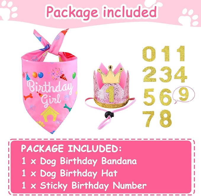 Rensh Dog Birthday Party Supplies, Dog Birthday Bandana Hat with Numbers for X-Large Large Small Pets, Multi Size Birthday Decorations for Dogs and Cats (Pink, Small)