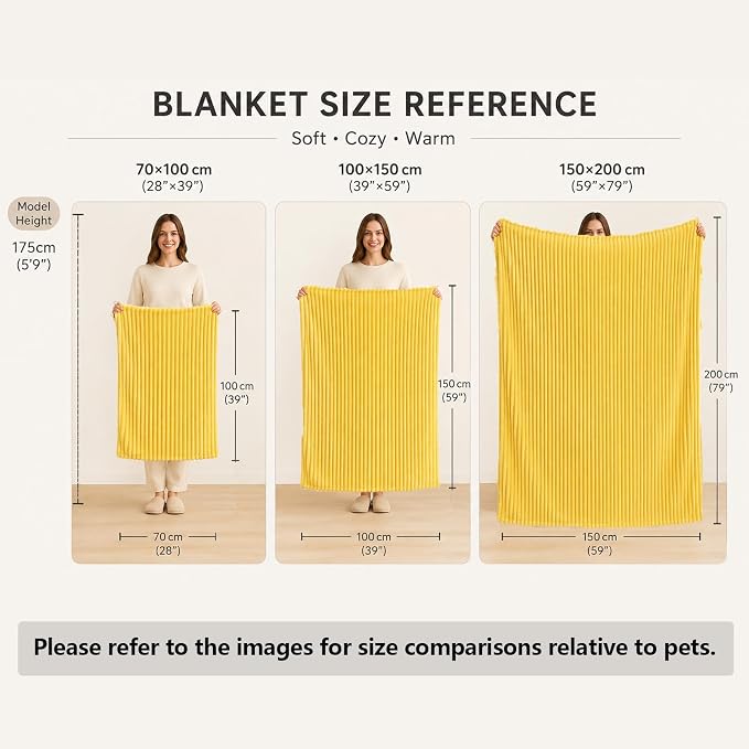 Yellow Dog Blanket, Emotional Support Blanket Yellows for Dogs, 1.5cm (0.6in) Wide Wavy Design, Soft Polyester Pet Throw for Couch Bed Crate Travel, Multiple Sizes (Blue, 150 * 200cm/59.05 * 78.74in)