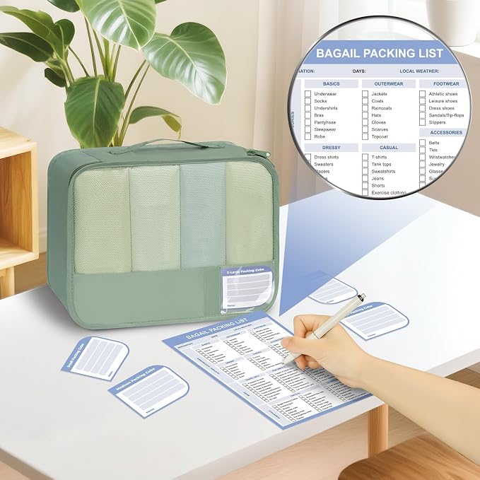 BAGAIL 9 Set Packing Cubes with Packing List Luggage Packing Organizers for Travel Accessories (Matcha Green)