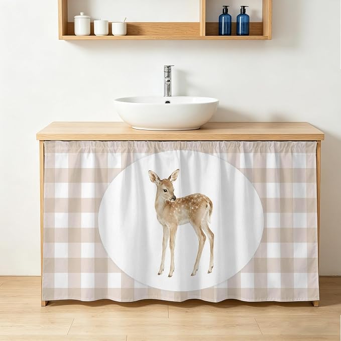 Resting Fawn Cabinet Curtains 28"x51" Sink Skirt for Bathroom Kitchen, Natural Animals Farmhouse Modern Plaid Self Stick Adhesive Under Desk Covers Tall Laundry Cabinet Storage Organizer