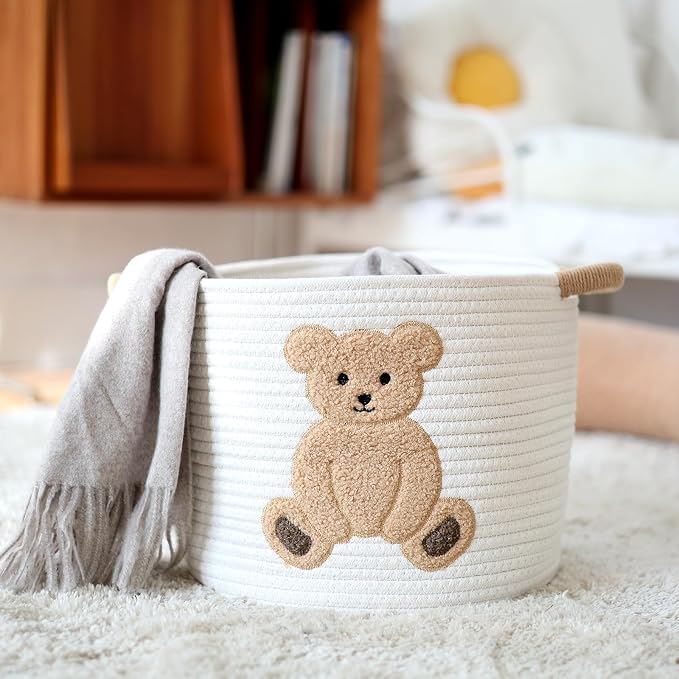 Cotton Rope Basket Toy Storage Baskets for kids Laundry Hamper, Gift Basket Empty Baby Shower Baskets with Handles, Cute Bins Blanket Stuffed Animal Storage for Nursery, Living Room Decor, Bear