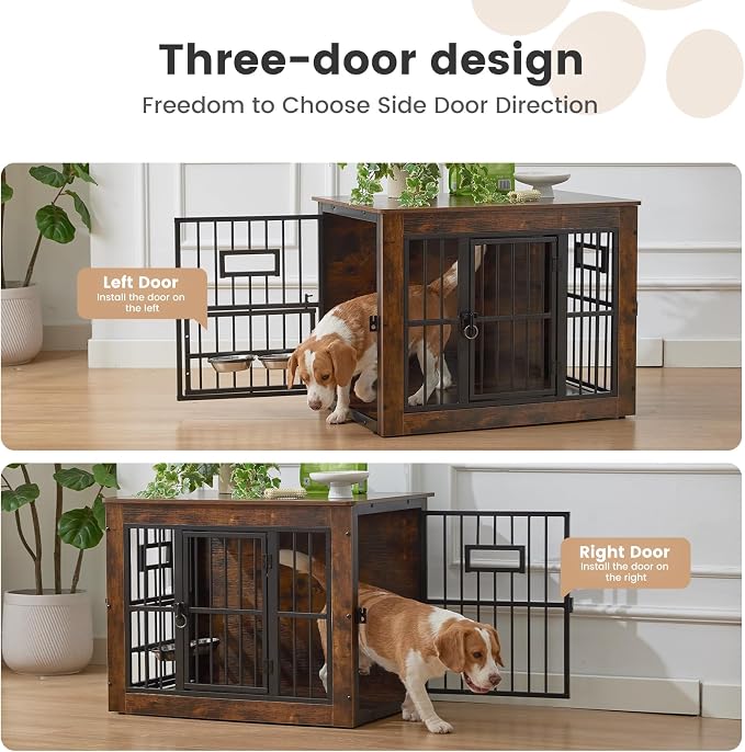 32 Inch Heavy Duty Dog Crate Furniture for Medium/Small Dogs, Decorative Pet House End Table with 3 Doors & Adjustable Bowls, Wooden Cage Kennel Furniture Indoor, Rustic Brown