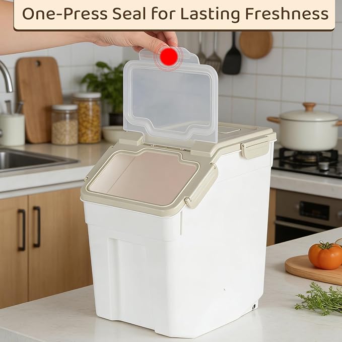 Saim 2 Pack 25lb Flour & Rice Storage Container Bin,Rice Dispenser (Grey) | BPA free plastic with seal lid, rolling wheels and measuring scoop for rice, flour, cereal and grain one-hand scooping